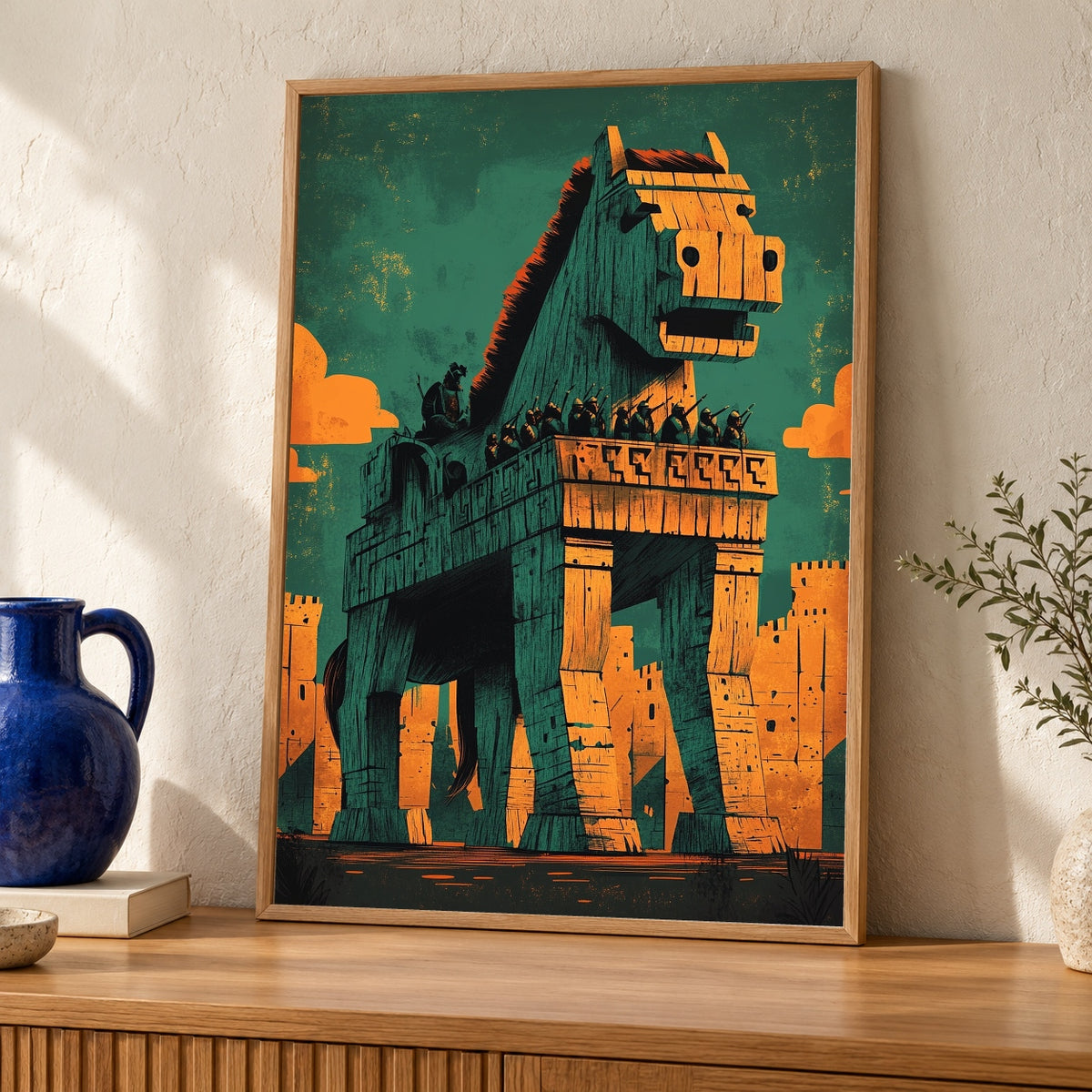 Greek Mythology Art, Trojan Horse Siege of Troy Poster — oak frame room mockup