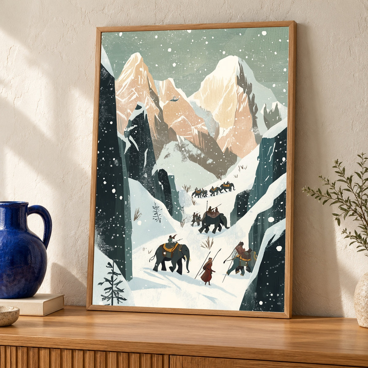 Hannibal Crossing Alps, War Elephant Print, Ancient History Poster — oak frame room mockup