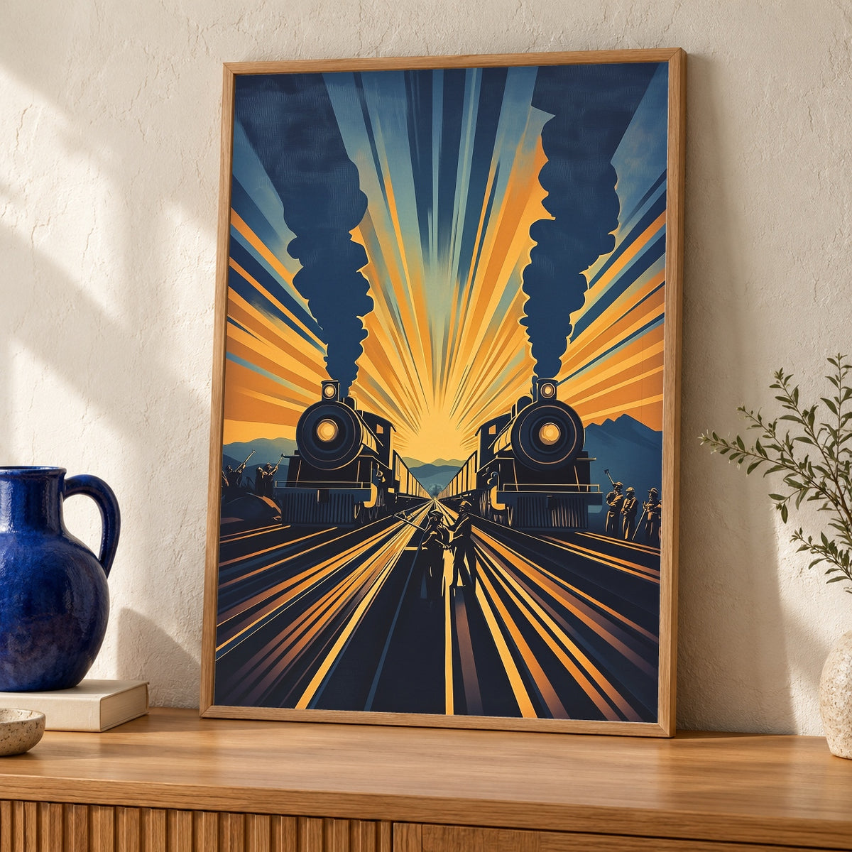 Golden Spike 1869 Wall Art, Transcontinental Railroad Print — oak frame room mockup