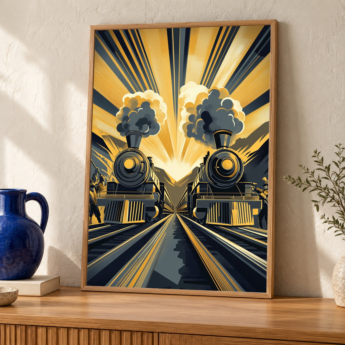 Steam Locomotive Art, Transcontinental Railroad Vintage Poster — oak frame room mockup