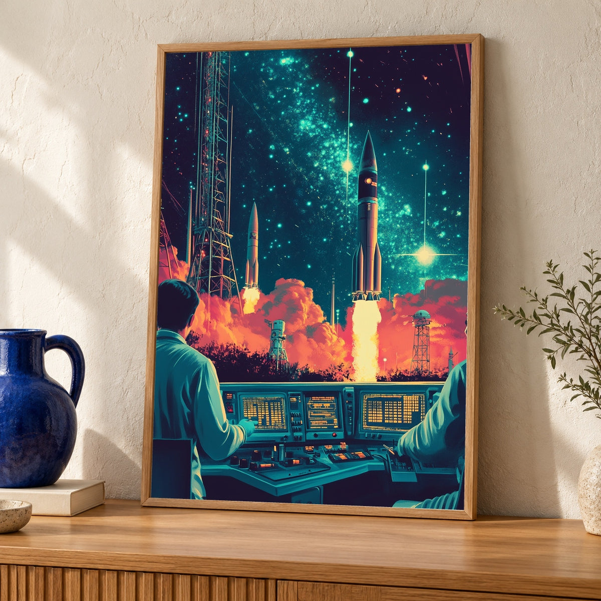 Retro Space Race Art, Vintage Rocket Launch Print, Mission Control — oak frame room mockup