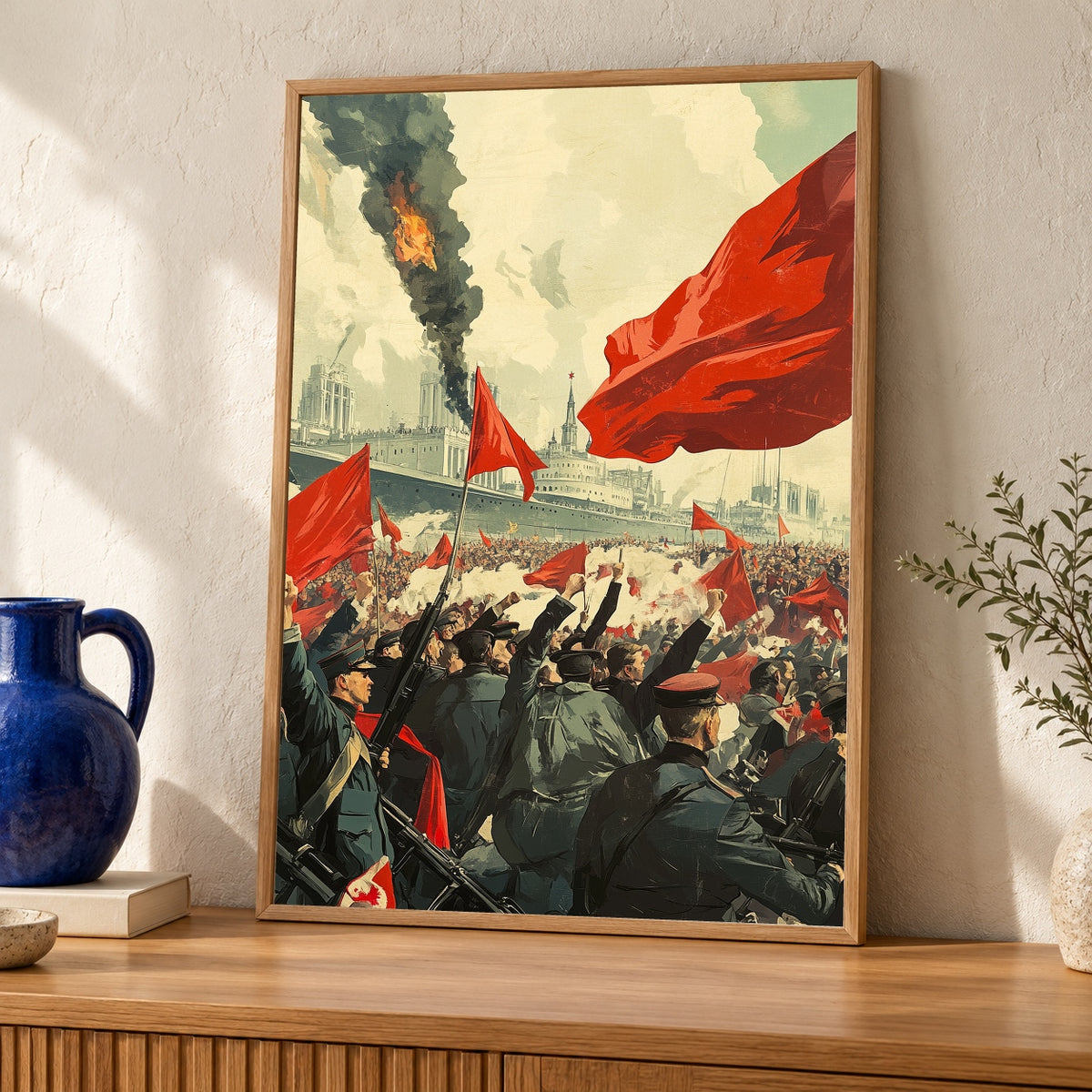 Soviet Revolution Art, Bolshevik Uprising Poster, Vintage Propaganda Print — oak frame room mockup