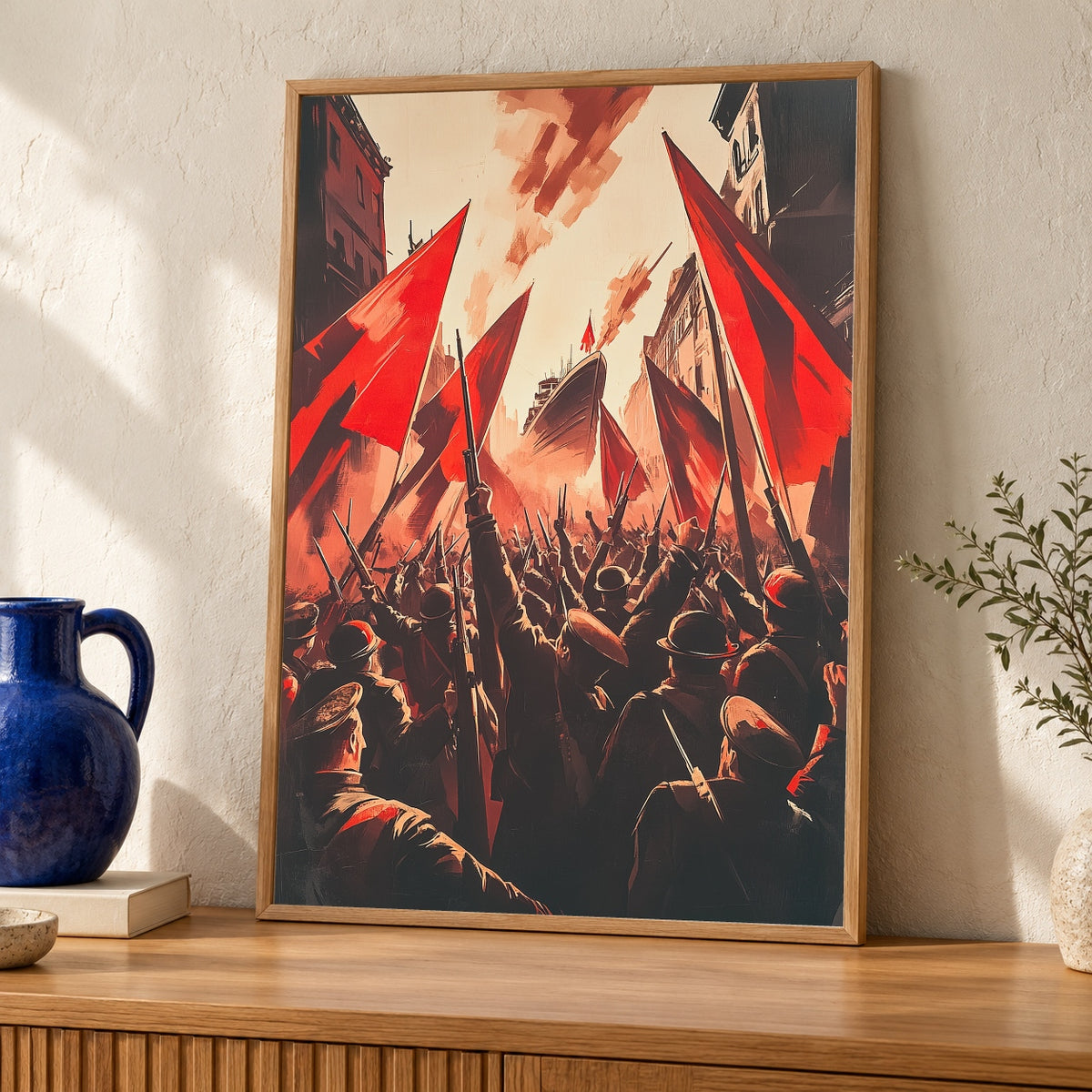 Russian Revolution 1917 Poster, Soviet Propaganda Wall Art, Bolshevik October Revolution Gloss Print, Historic Worker & Soldier Decor — oak frame room mockup
