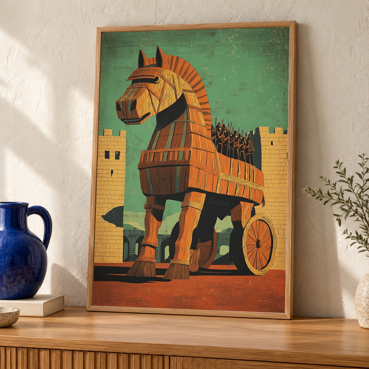 Greek Mythology Art, Trojan Horse Siege of Troy Print — oak frame room mockup