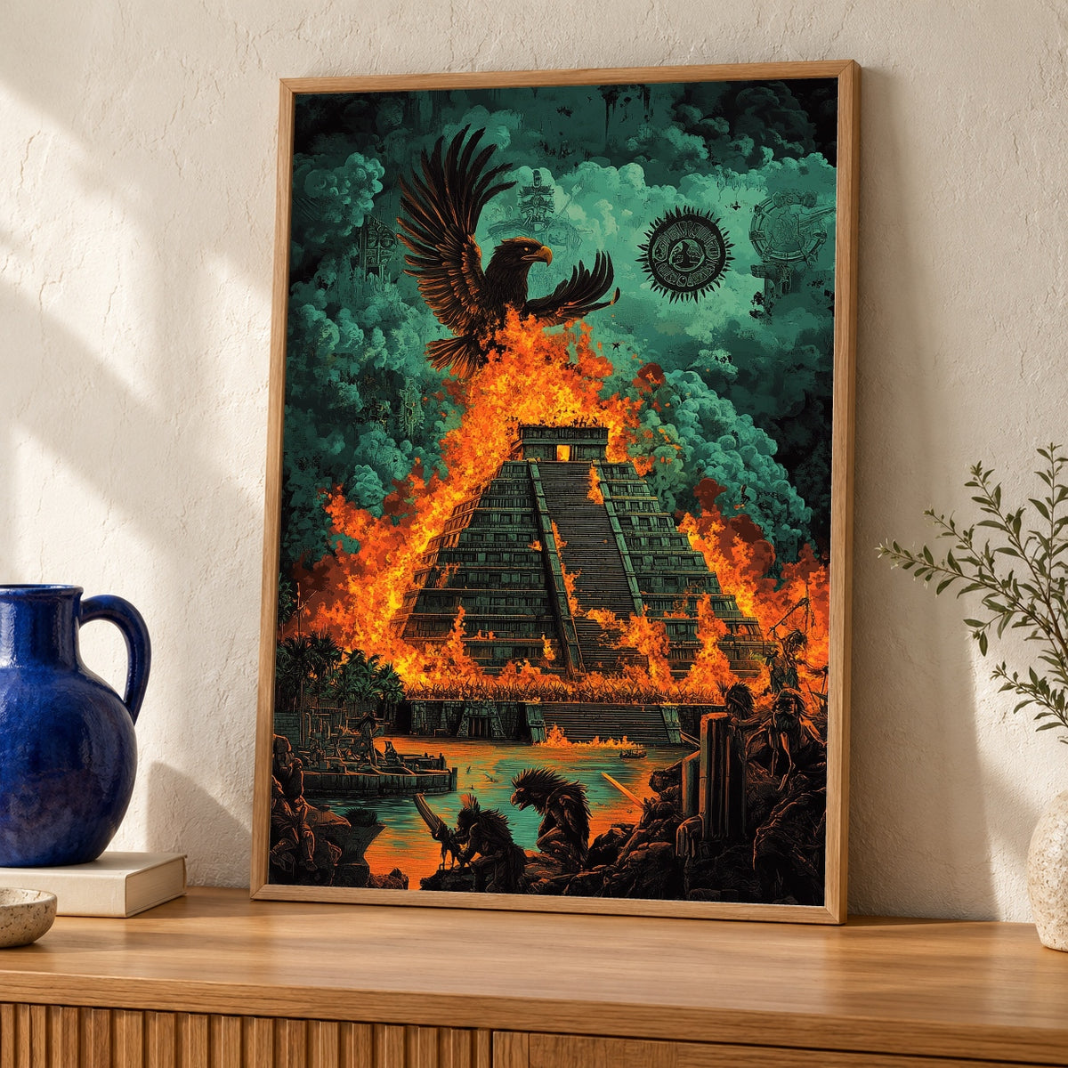 Aztec Empire Wall Art, Burning Temple Pyramid Print — oak frame room mockup
