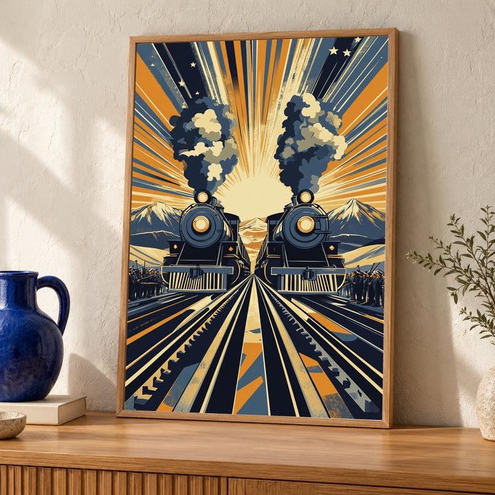 Golden Spike Train Art, Transcontinental Railroad Poster, Vintage Steam