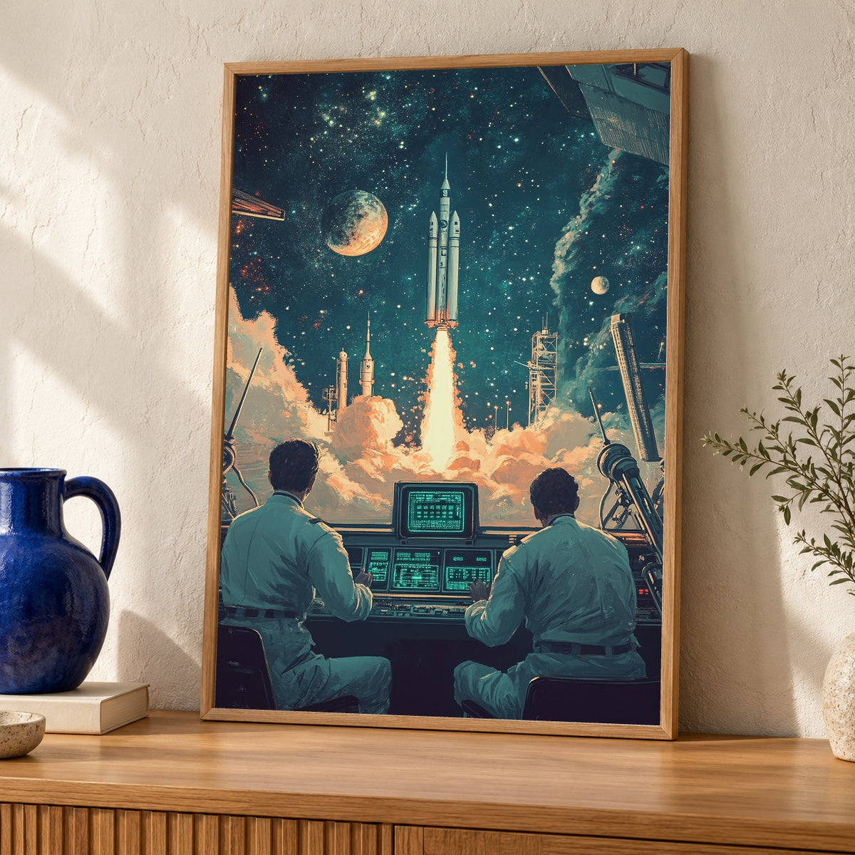 Retro Space Launch Art, Vintage Rocket Print, Mid-Century Poster — oak frame room mockup