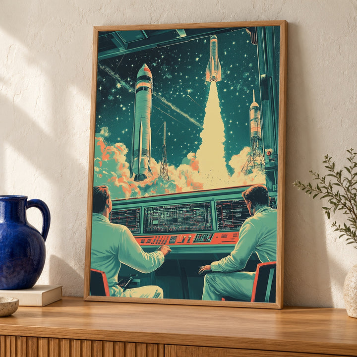 Retro Space Race Art, Vintage Rocket Launch Print, Mission Control