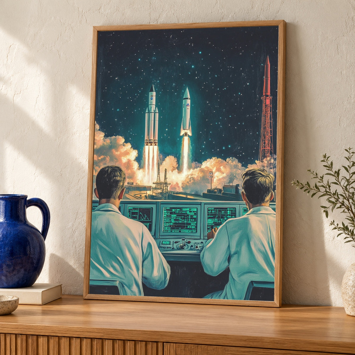 Retro Space Race Art, Rocket Launch Poster, Vintage Mission Control — oak frame room mockup