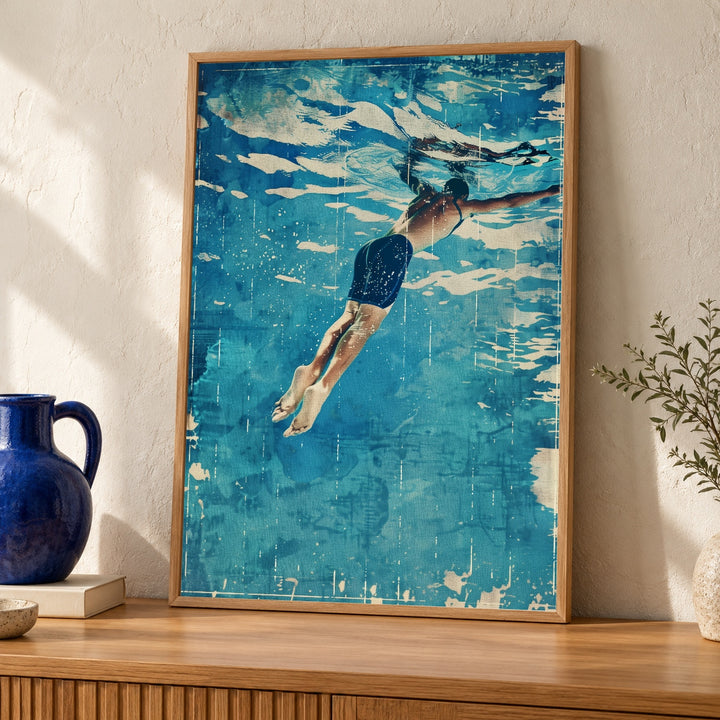 Vintage Swimming Poster Retro Swimmer Underwater Wall Art Mid Century Modern Decor Blue Pool Print Gift for Swimmers Gloss Poster Art