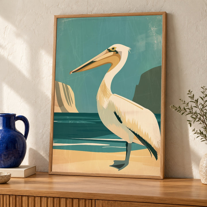 Retro Pelican Art, Vintage Coastal Bird Print, Minimalist Beach Poster