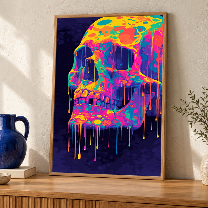 Psychedelic Skull Wall Art, Trippy Rock Poster, 70s Neon Goth Print, Melting Skull Decor, Dark Surreal Gloss Print