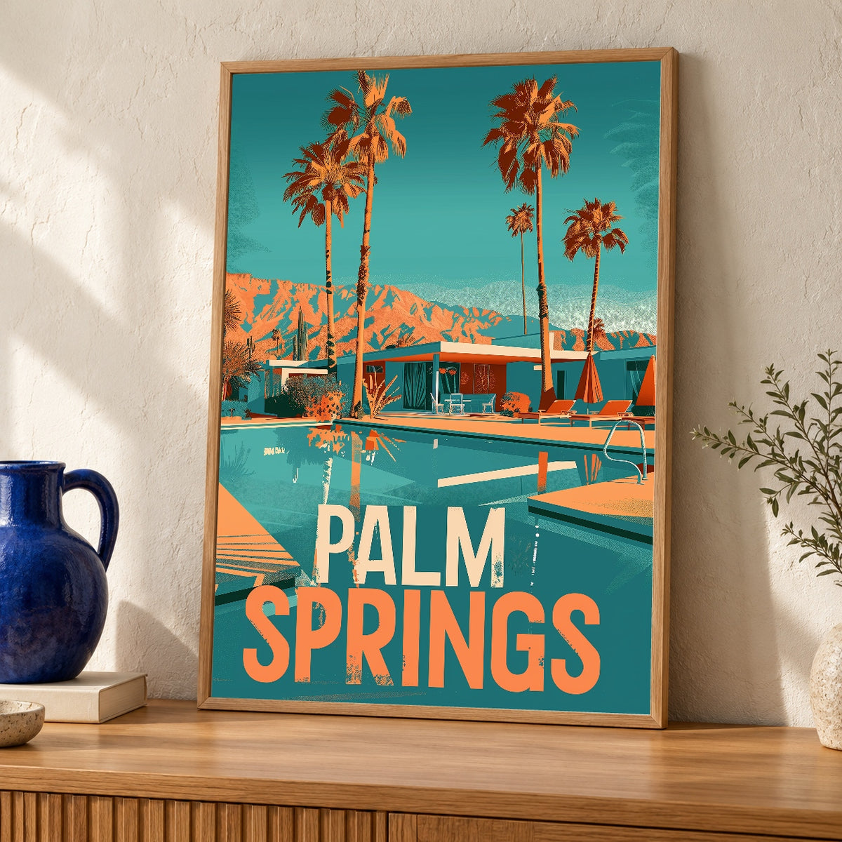 Retro Travel Poster, Palm Springs Print, Mid Century Modern — oak frame room mockup