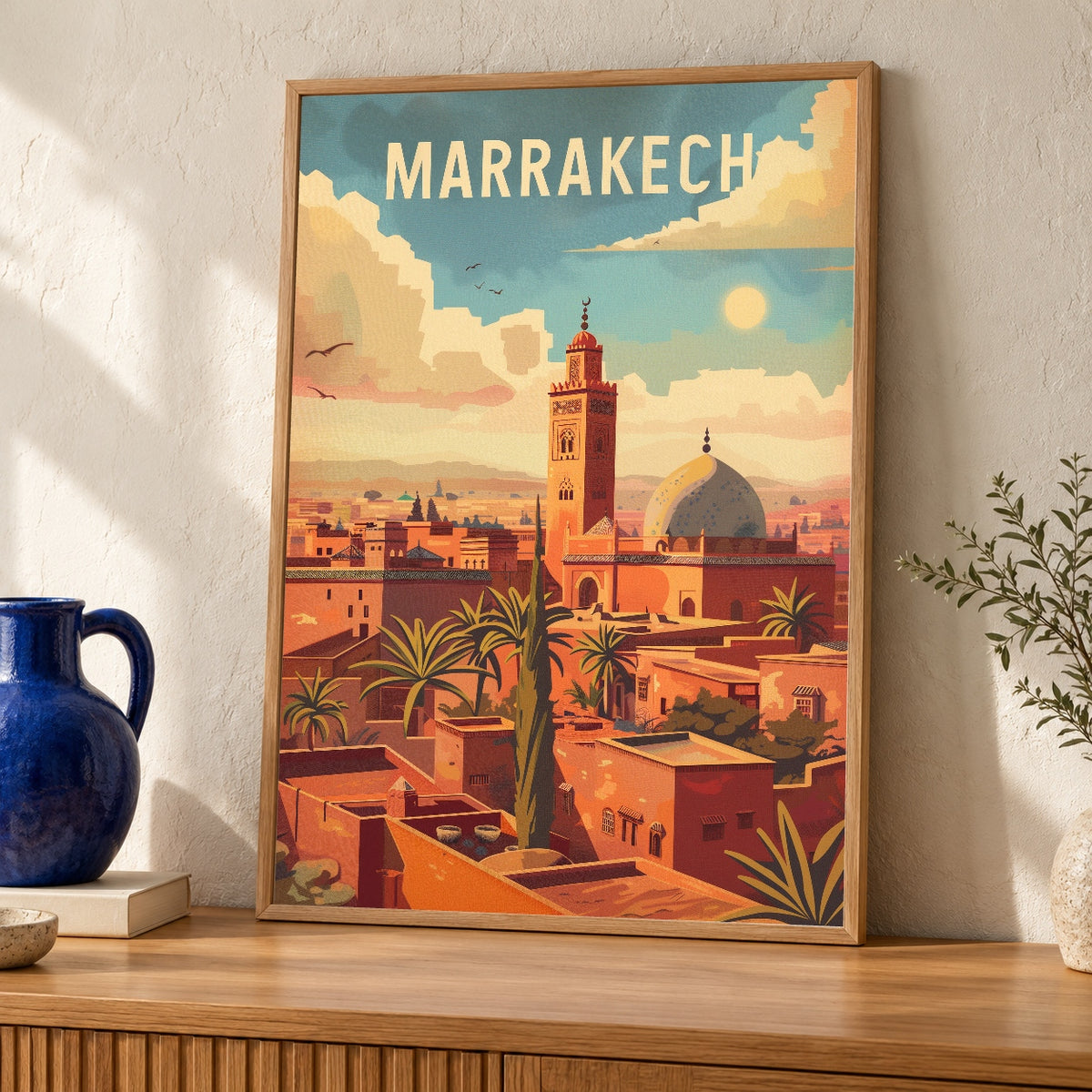 Retro Travel Poster, Marrakech Morocco Print, Koutoubia Mosque — oak frame room mockup