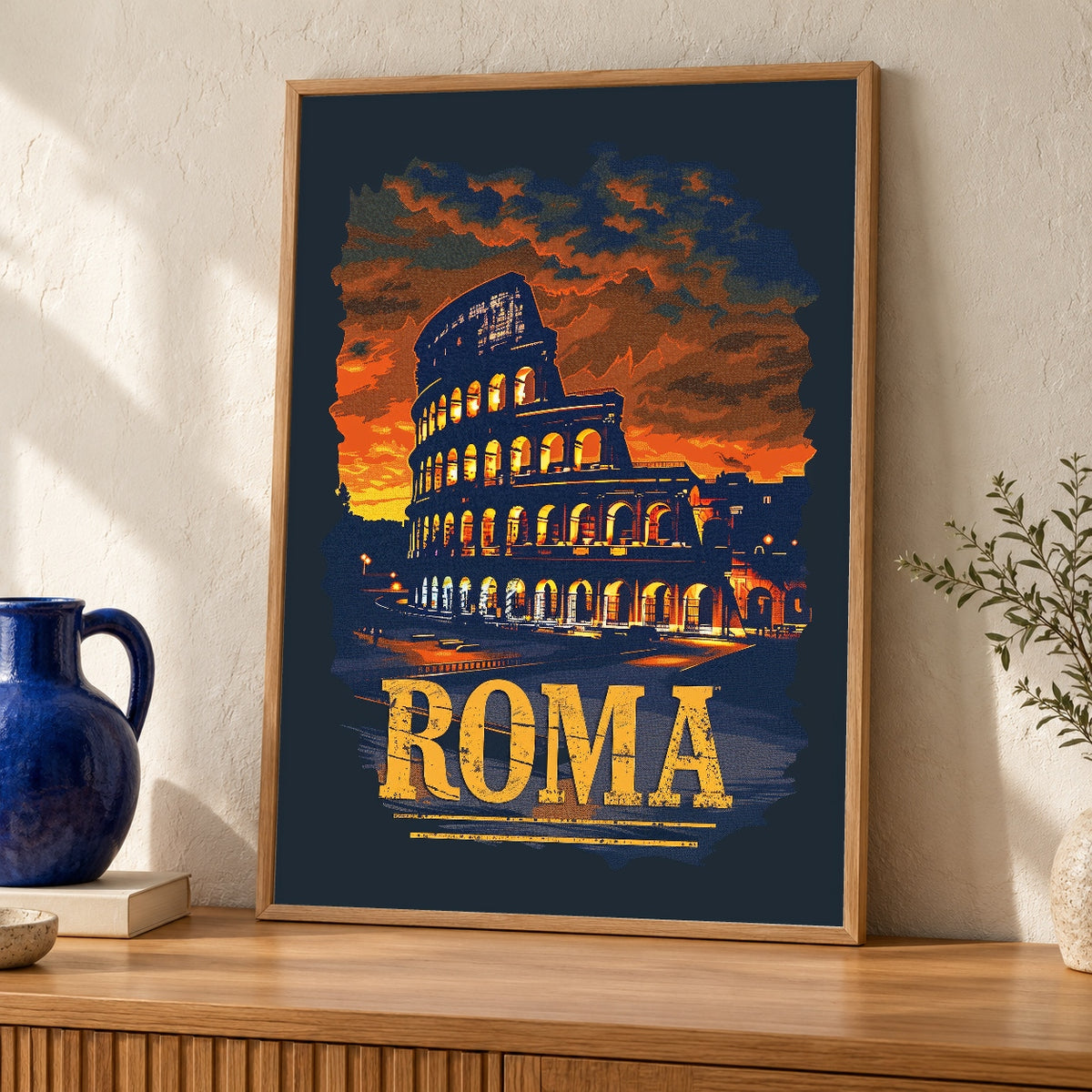 Retro Travel Poster, Roma Colosseum Italy Print, Vintage Roman Landmark — oak frame room mockup
