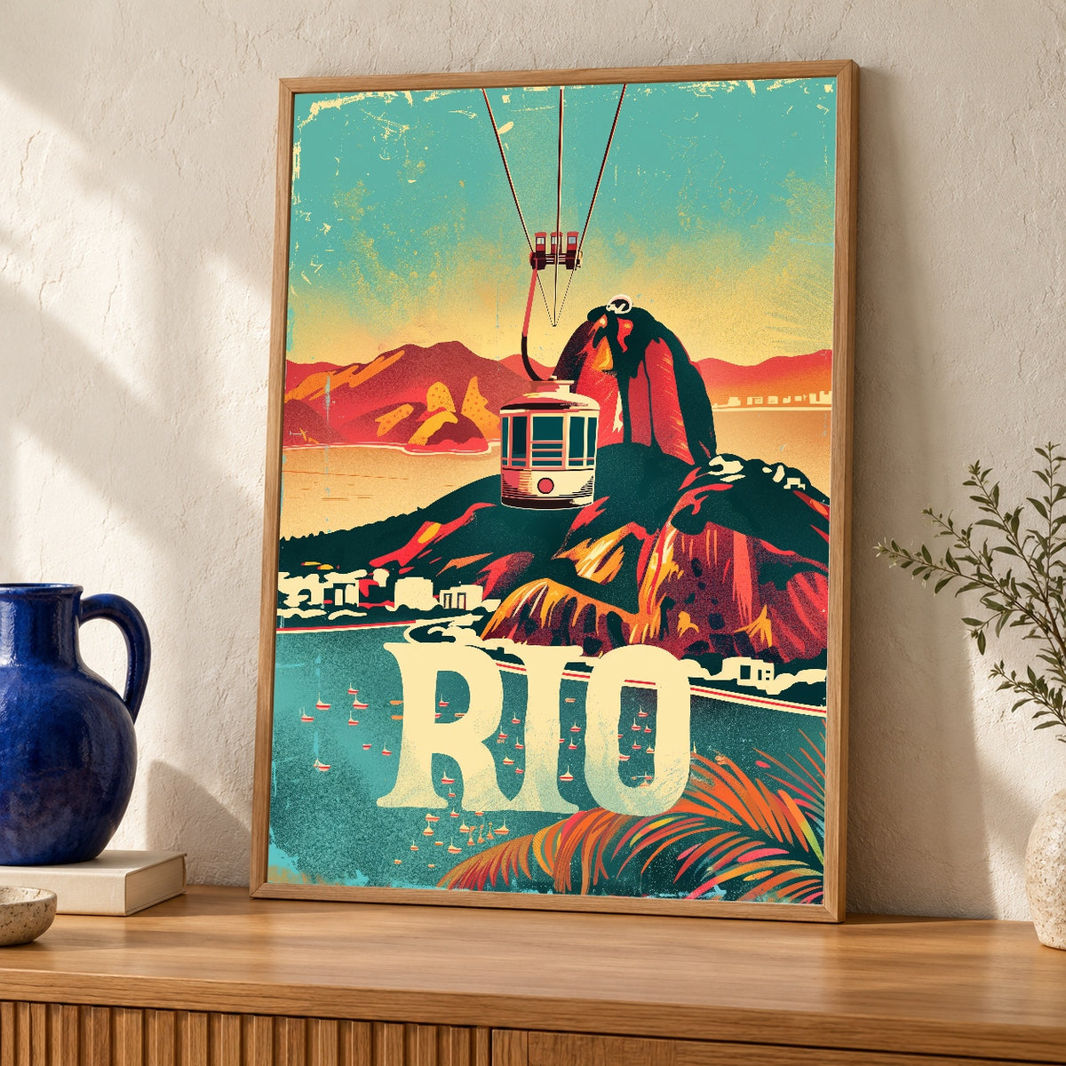 Retro Travel Poster, Rio de Janeiro Sugarloaf Mountain — oak frame room mockup