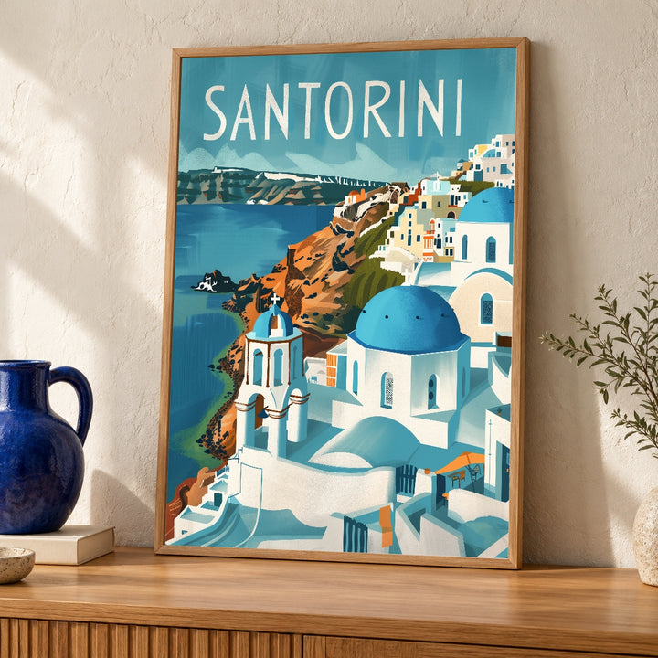 Retro Travel Poster, Santorini Greece Blue Dome Oia Print