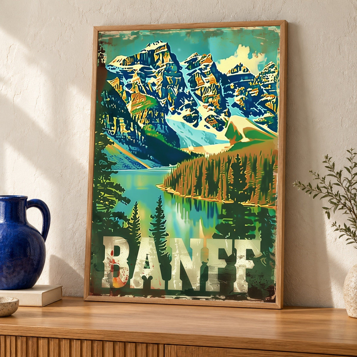 Retro Travel Poster, Banff National Park Print, Moraine Lake Canada — oak frame room mockup