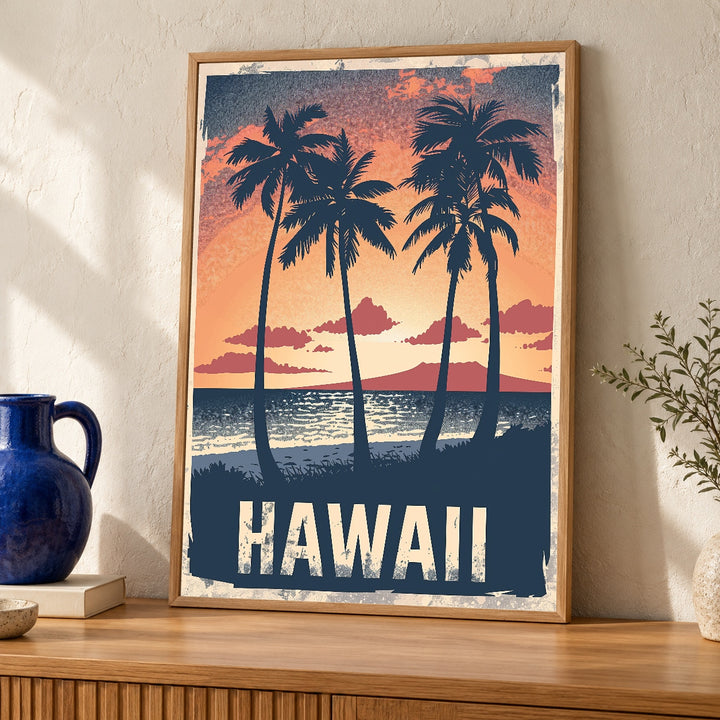 Retro Travel Poster, Hawaii Vintage Palm Sunset Print
