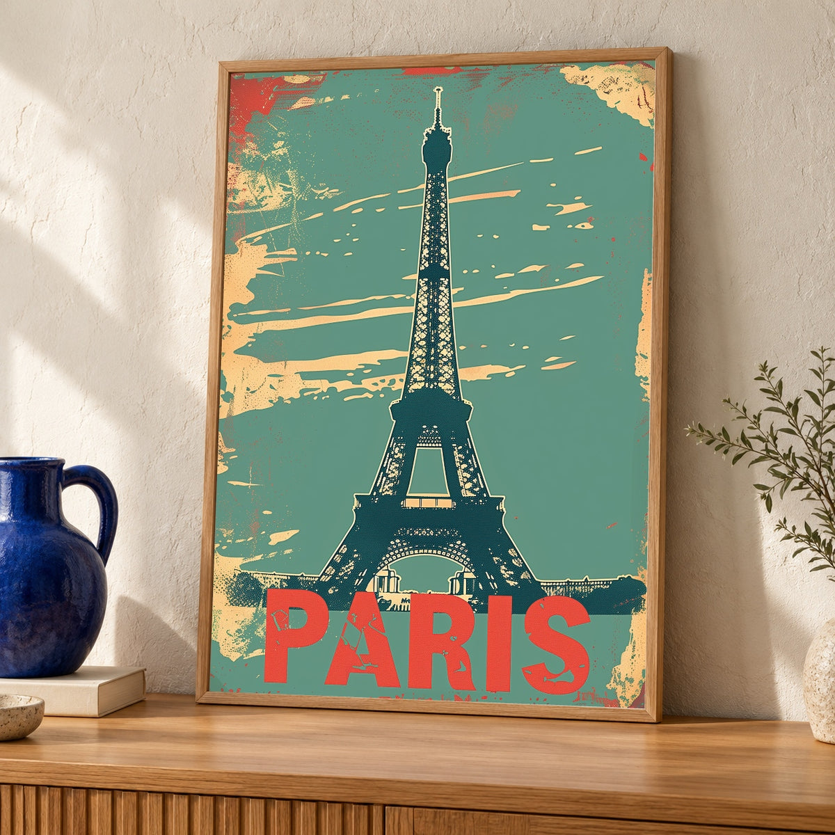 Paris Wall Art, Retro Travel Poster, Eiffel Tower Print — oak frame room mockup