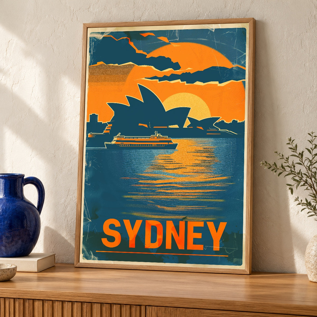 Retro Travel Poster, Sydney Opera House Print, Vintage Australia — oak frame room mockup