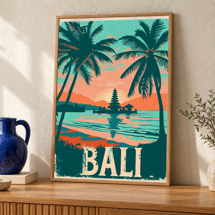 Retro Travel Poster, Bali Indonesia Temple Print, Vintage Tropical Beach
