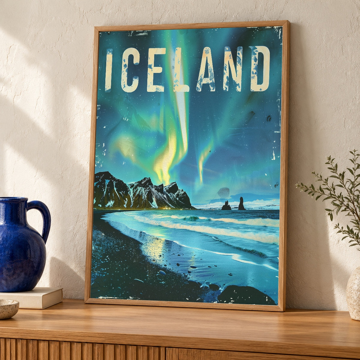 Retro Travel Poster, Iceland Northern Lights Print, Aurora Borealis — oak frame room mockup