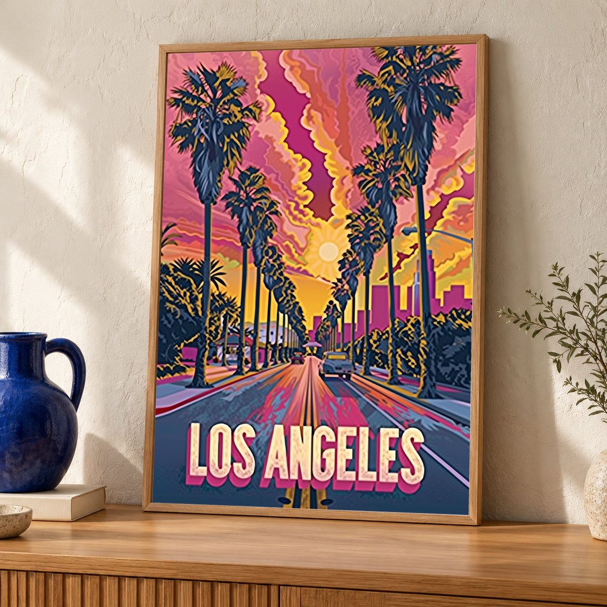 Retro Travel Poster, Los Angeles California Palm Trees Print — oak frame room mockup
