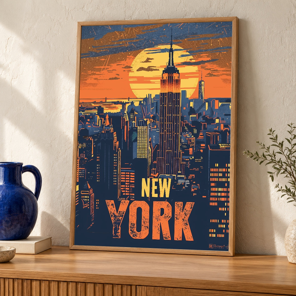 Retro Travel Poster, New York Skyline Print, Vintage NYC Empire State — oak frame room mockup