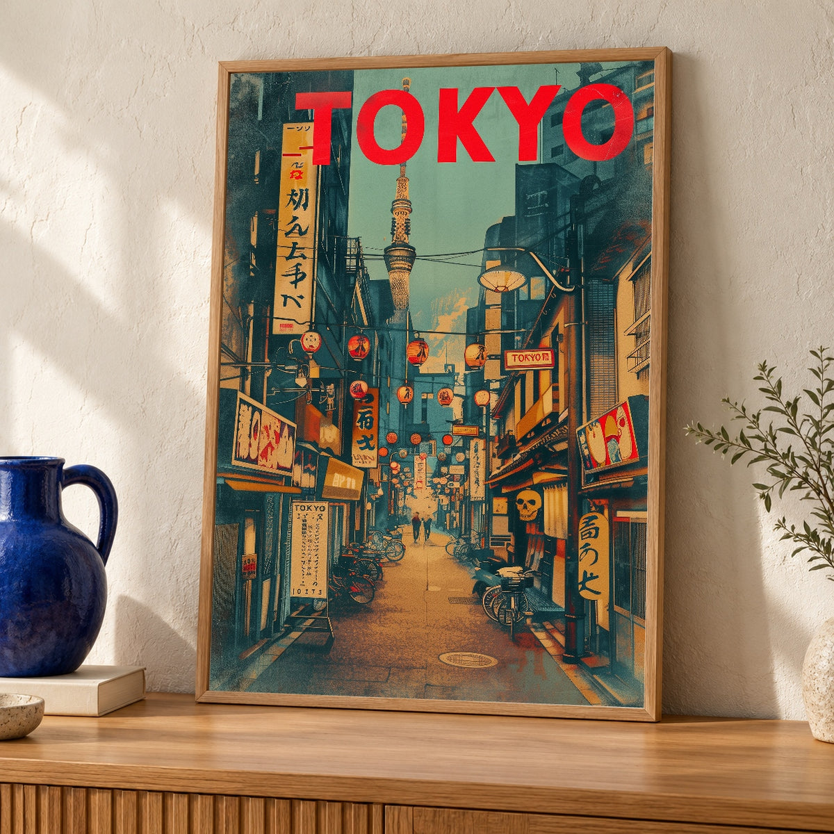 Retro Travel Poster, Tokyo Japanese Street Scene — oak frame room mockup