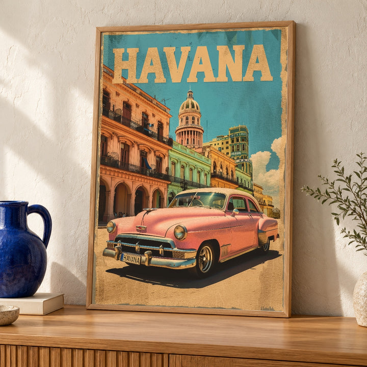 Retro Travel Poster, Havana Cuba Print, Pink Classic Car