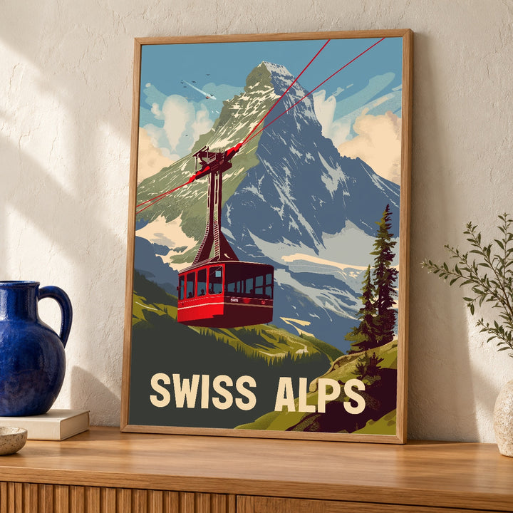 Retro Travel Poster, Swiss Alps Matterhorn Cable Car Print