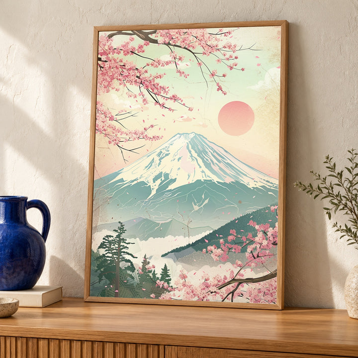 Mount Fuji Wall Art, Cherry Blossom Retro Poster, Pastel Japan Print