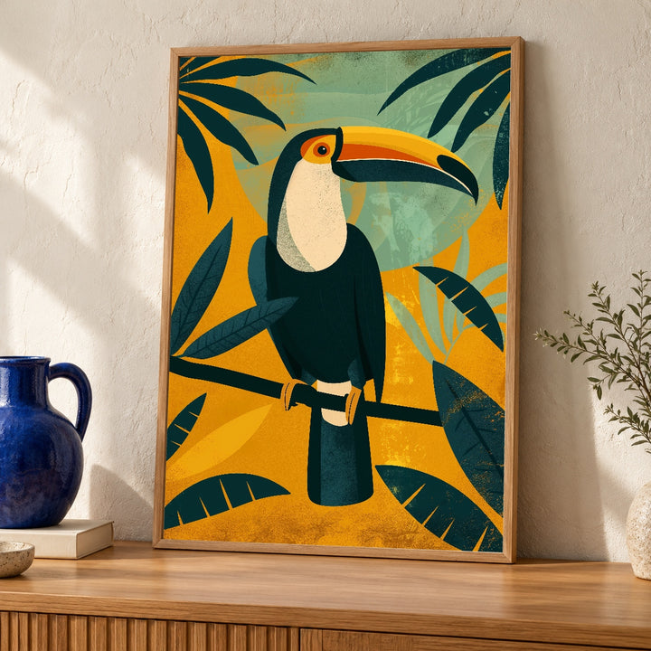 Retro Toucan Art, Vintage Tropical Bird Print, Mid Century Jungle