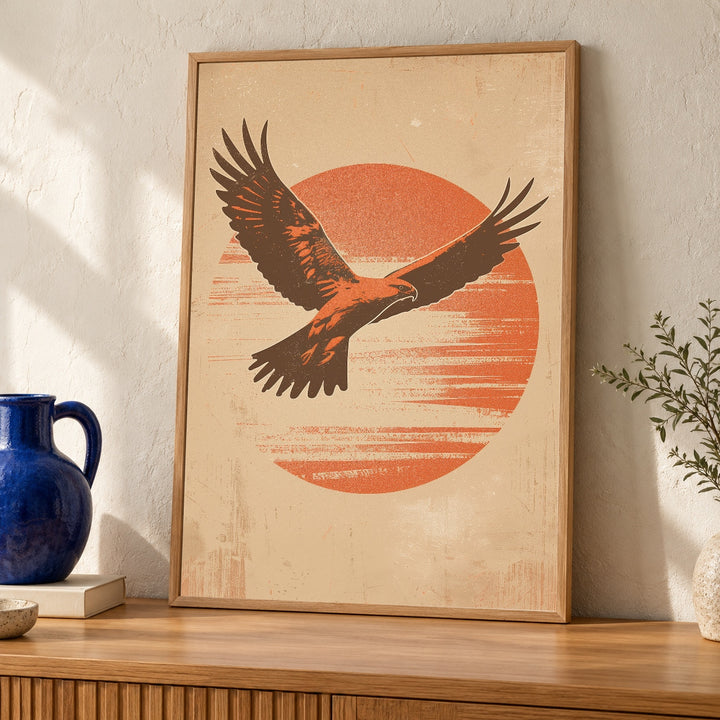 Retro Falcon Art, Vintage Eagle Sunset Poster, Flying Bird Silhouette