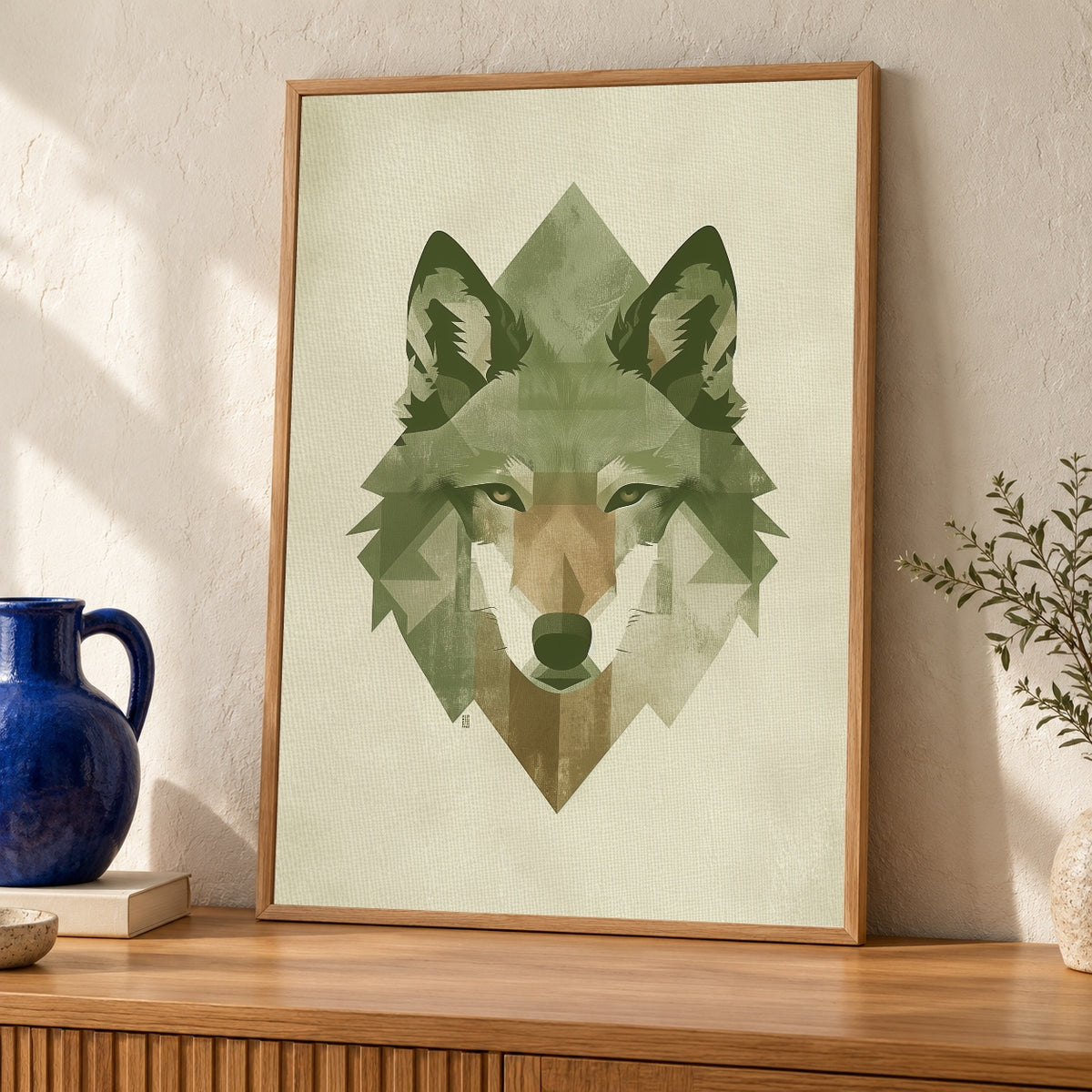 Geometric Wolf Art, Sage Green Minimalist Print, Retro Wildlife Poster — oak frame room mockup