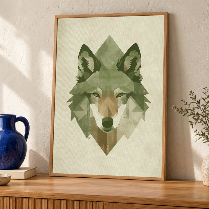 Geometric Wolf Art, Sage Green Minimalist Print, Retro Wildlife Poster