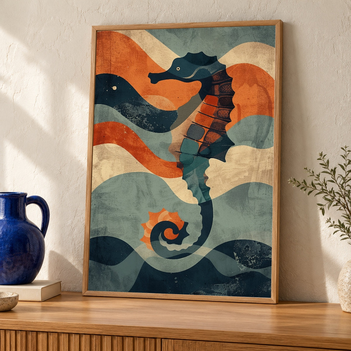 Vintage Seahorse Art, Retro Nautical Poster, Abstract Ocean Print — oak frame room mockup