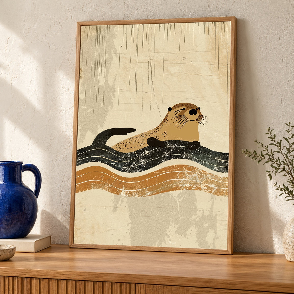 Vintage Otter Art, Retro River Wildlife Poster, Mid Century Animal Print — oak frame room mockup