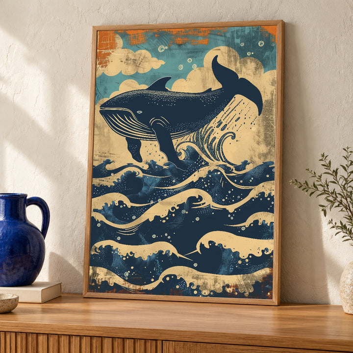 Vintage Whale Art, Retro Humpback Print, Nautical Marine Decor
