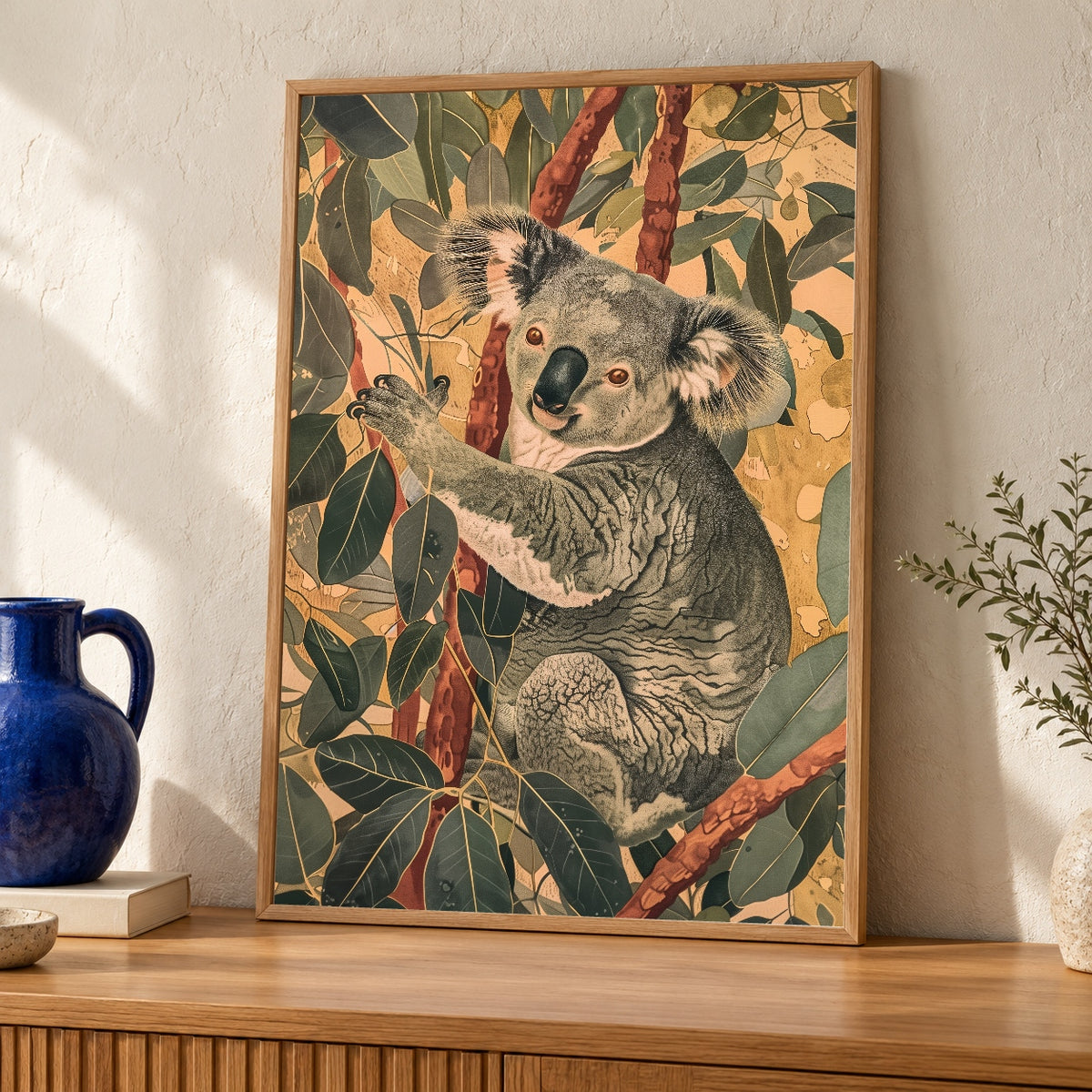 Koala Wall Art, Vintage Australian Wildlife Print, Retro Eucalyptus Poster — oak frame room mockup