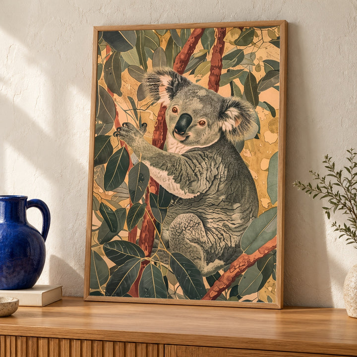Koala Wall Art, Vintage Australian Wildlife Print, Retro Eucalyptus Poster