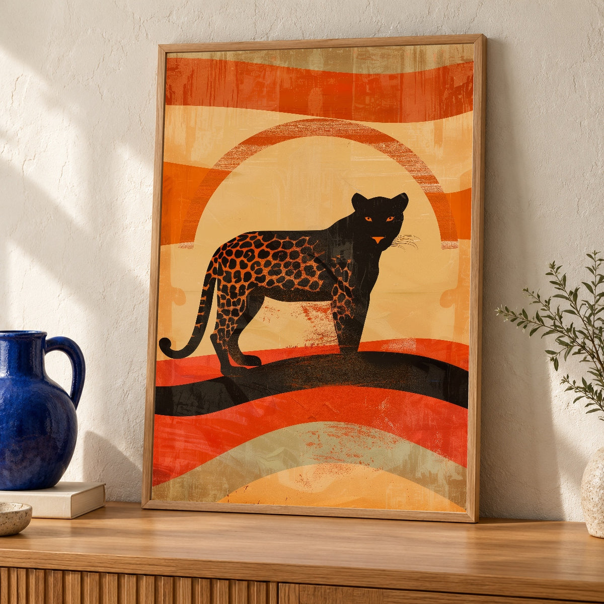 Retro Leopard Art, Vintage Sunset Wild Cat Print — oak frame room mockup
