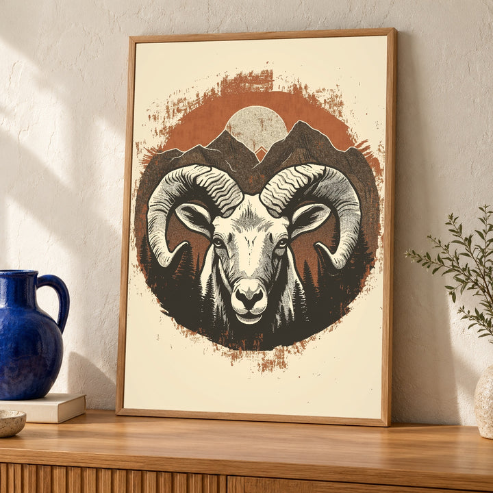 Retro Ram Head Art, Vintage Bighorn Sheep Mountain Wildlife Print