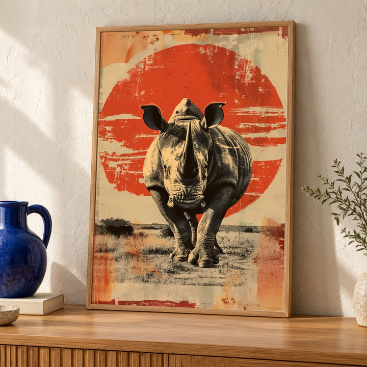Retro Safari Art, Vintage Rhino Poster, Bold African Wildlife Print