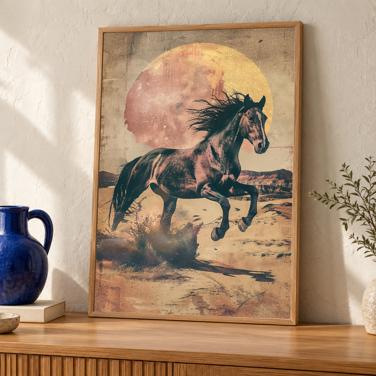 Wild Horse Wall Art, Vintage Stallion Desert Print — oak frame room mockup