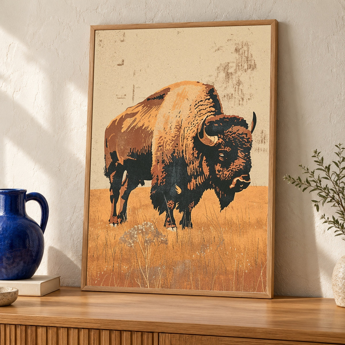 Vintage Bison Art, Retro Buffalo Prairie Print, Rustic Wildlife — oak frame room mockup