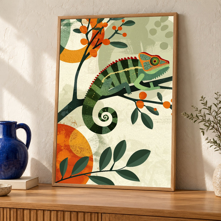 Retro Chameleon Art, Geometric Lizard Poster, Mid Century Modern Tropical