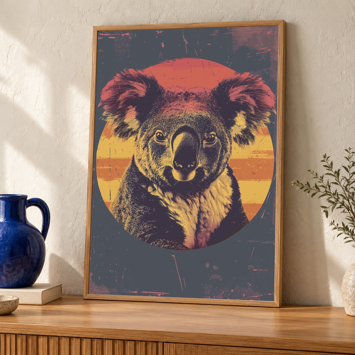 Retro Koala Wall Art, Vintage Sunset Print, Australian Wildlife Poster — oak frame room mockup