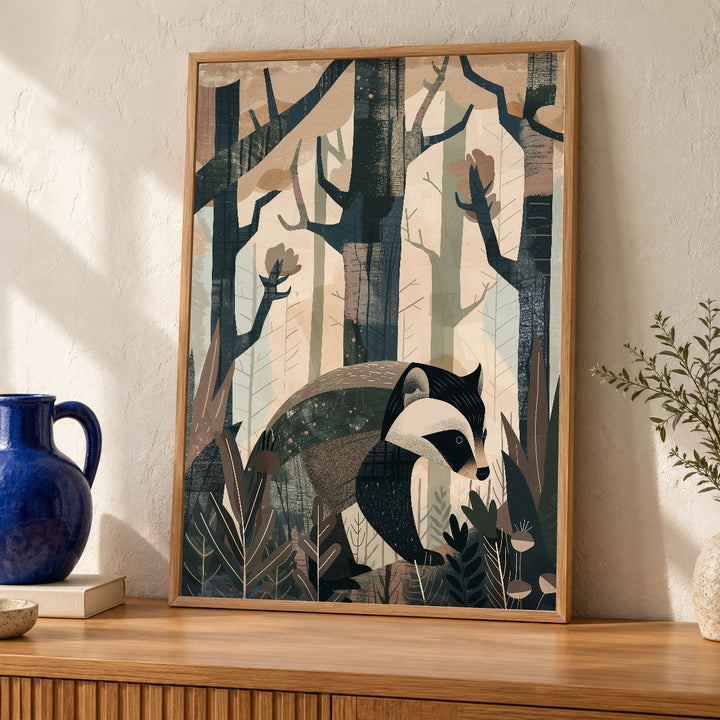 Woodland Wildlife Art, Vintage Badger Forest Print, Retro Decor
